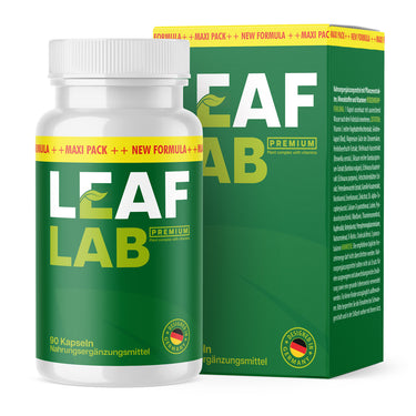 Kunststoffdose mit Schrift Leaf Lab Premium, 90 Kapseln, grünes Etikett vor passender Faltschachtel